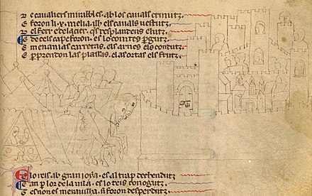 Capture of Marmande by the future Louis VIII during the Albigensian Crusade in 1219. Manuscript by William of Tudela and anonymous continuator, Song of the Albigensian Crusade, ink drawing, France, 13th century.