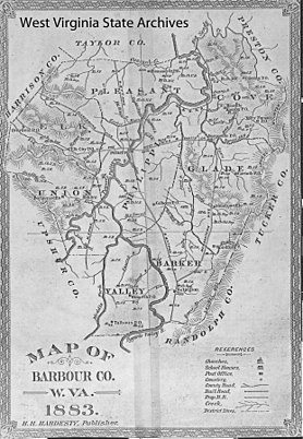 "Map of Barbour County, W.Va., 1883" showing its eight magisterial districts. Map of Barbour County, W.Va., 1883.jpg