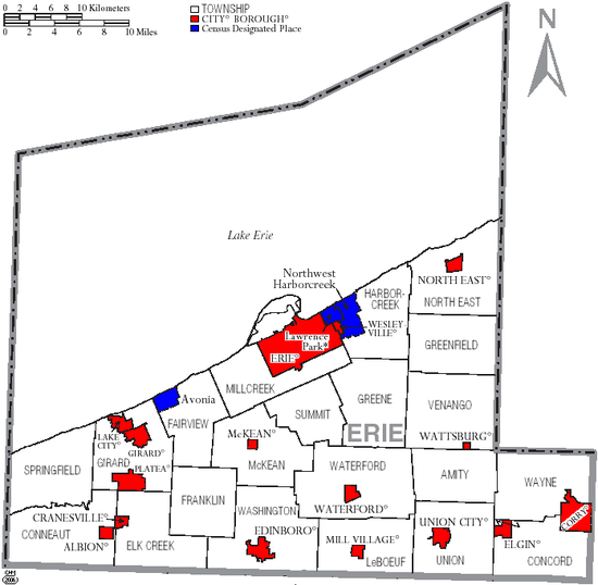 Map of Erie County, Pennsylvania with Municipal Labels showing Cities and Boroughs (red), Townships (white), and Census-designated places (blue).