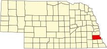 Location of Otoe County in Nebraska Map of Nebraska highlighting Otoe County.svg