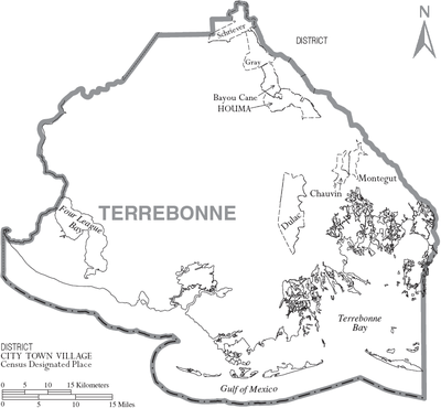 Map of Terrebonne Parish, with municipal labels