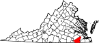 Hartă a statului Virginia indicând comitatul Southampton