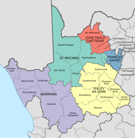 The division of the Northern Cape into municipalities. Map of the Northern Cape with municipalities named and districts shaded (2016).svg