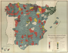 Mapa electoral político de España de las Cortes de 1907.