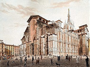 La catedral de Milán con la fachada inacabada en 1790