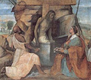 <i>The Dead Christ Adored by Saint Jerome and Saint Dorothy</i> C. 1520 painting by Moretto da Brescia