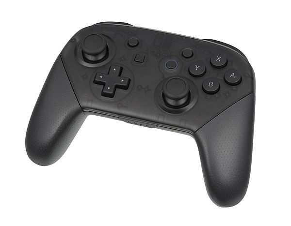 A Nintendo Switch Pro Controller, a typical modern two-stick gamepad