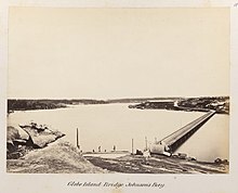 The original Glebe Island Bridge, photographed in 1878-9, looking South West from Pyrmont to Rozelle Bay and Glebe Island (on Right). Nla.pic-vn3916401-s11-v.jpeg