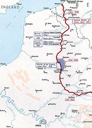 The Northern part of the Western front 1915-16, showing the Battle of the Somme where Tolkien saw action Northern part of Western front 1915-16.jpg