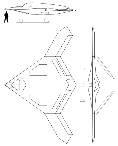 Plan diagram of the Northrop Grumman X-47B, with a human to scale