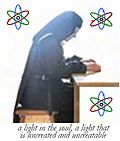 Praying nun with atomic symbols in corners