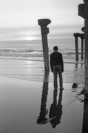 One foot sunken into the sand, San Francisco beach, 1970.jpg