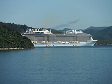 Ovation of the Seas anchored off Picton on 13 December 2019, four days after the eruption. Ovation of the Seas, Picton NZL, 13 Dec 2019.jpg