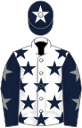 White, dark blue stars, dark blue sleeves, grey stars, dark blue cap, white star