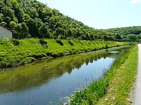 Le canal de Périgueux. Sur la gauche, en hauteur, la Voie verte des Berges de l'Isle.