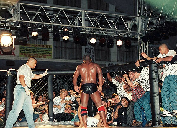 Renzo Gracie (on the ground with white trunks) fights Eugenio Tadeu at Pentagon Combat