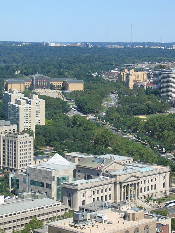 Benjamin Franklin Parkway with the Franklin Institute in the foreground and the Philadelphia Museum of Art in the background