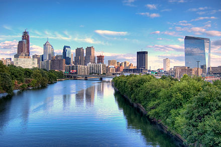 Gleaming skyscrapers towering over majestic waterways are a common feature of Mid-Atlantic cities. Pictured: Philadelphia, August 2007