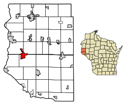 Location of River Falls in Pierce Countyand St. Croix County, Wisconsin.