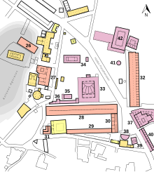 Plan of the Ancient Agora of Athens in the Roman Imperial period. The Southwest Temple is number 35. Plan Agora of Athens Roman colored.svg