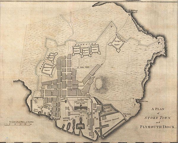 Plymouth Dock, 1765: the town is shown encompassed by the ordnance wharf and dockyard to the west, by the defensive 'lines' and square barracks to the