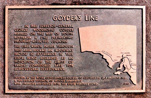 Plaque at Melrose, South Australia commemorating George Goyder's line of rainfall, which he determined when Surveyor-General. He correctly judged the 