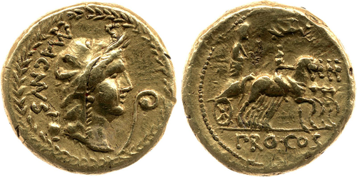 Aureus minted by Pompey for his second triumph in 71 BC, featuring the head of Africa on the obverse (celebrating his victory against Hiarbas). The reverse shows Pompey in his triumphal chariot, with his son Gnaeus seated before and Victory flying above.[39]