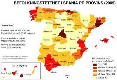 Kart som viser befolkningstettheten i 2005