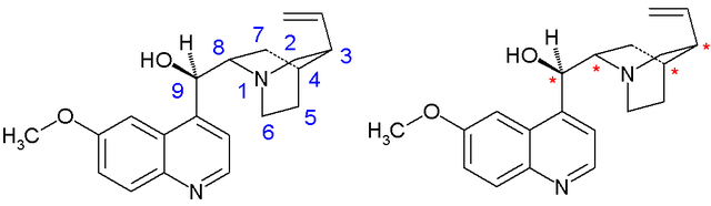 quinine carbon atom numbering scheme left and asymmetric centers right