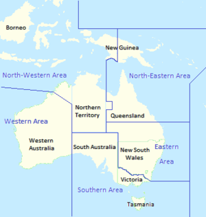 Mapa Austrálie zobrazující státní hranice se superponovanými hranicemi velení oblasti RAAF