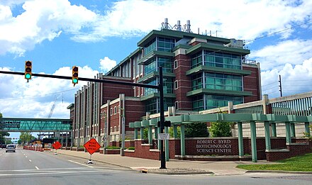The Robert C. Byrd Biotechnology Science Center at Marshall University in 2013. The Weisberg Family Applied Engineering Complex is under construction in the background.