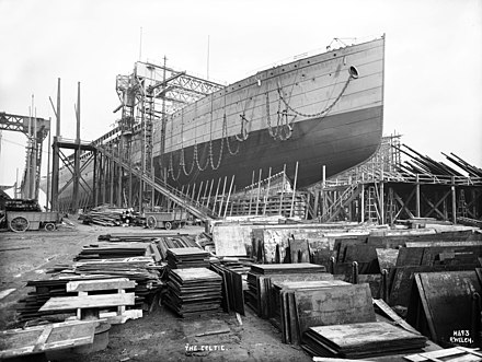 RMS Celtic under construction at Harland and Wolff shipyard in Belfast