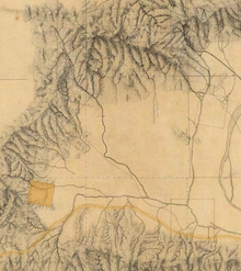 Detail of the southwestern San Fernando Valley, from an 1880 manuscript map of Los Angeles and San Bernardino topography, showing Rancho El Escorpion (shaded area) Rancho El Escorpion Hall Map 1880.png