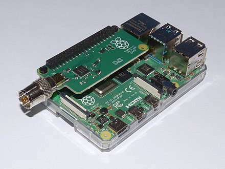 Raspberry PI 4B single-board computer with "TV Hat" card (for DVB-T/T2 television reception) attached.