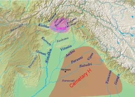 Geography of the Rigveda, with river names; the extent of the Swat and Cemetery H cultures are indicated.