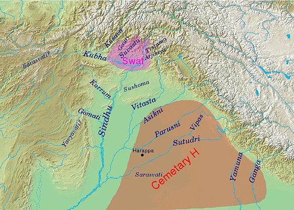 Geography of the Rigveda, with river names; the extent of the Swat and Cemetery H cultures is indicated.