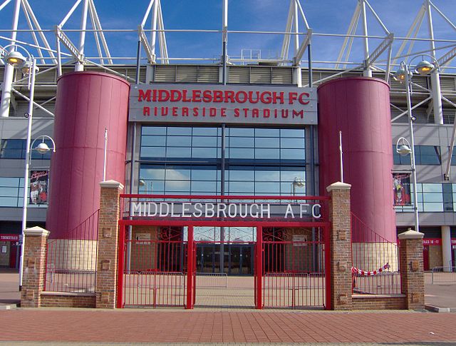 The Riverside Stadium in 2006, with the old gates to Ayresome Park in the foreground