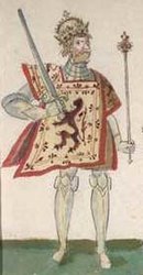 a coloured sketch of a man in a tabard and armour, bearing a sword