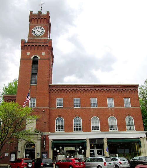 Rockingham Town Hall, which holds the Opera House, was built in 1926 on The Square, and is part of the Bellows Falls Downtown Historic District, desig