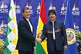 President Rafael Correa with Bolivian president Evo Morales Saludo de los Presidentes Evo Morales y Rafael Correa (7335805238).jpg