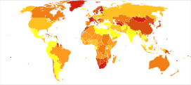 Statistics from WHO (2012) for Schizophrenia. Deaths per million persons in deciles   0-0   1-1   2-2   3-3   4-6   7-20 * The following groupings/assumptions were made: ** France includes the overseas departments as well as overseas collectivities. ** The United Kingdom includes the Crown dependencies as well as the overseas territories. ** The United States of America includes the insular areas. ** The Netherlands includes Aruba and the Netherlands Antilles. ** Denmark includes Greenland and the Faroe islands.