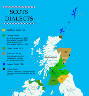 Zuid-Schots wordt gesproken nabij de Anglo-Schotse grens, Centraal Schots in het zuiden van centraal Schotland, Ulster Schots in Noord-Ierland, Noord-Schots in het noordoosten van Schotland, Insular Scots op de Orkney- en Shetland-eilanden, .