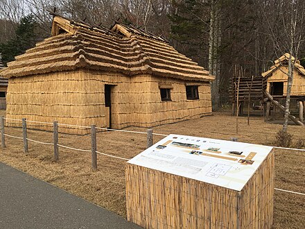 Life-sized outdoor model of a traditional Ainu village