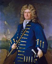 Naval officers' uniforms of the early 18th century, as worn by Admiral Cloudesley Shovell, were based on contemporary civilian patterns and usually included a powdered wig. Sir Cloudesley Shovell, 1650-1707.jpg