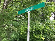 A standard green North American street sign showing the Coast Salish text (in IPA): sluʔwiɫ
