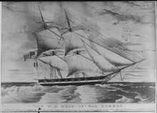 This Lithograph, published circa 1843, shows the mutineers hanging under the US flag. Somers, starboard side, under sail, 1842 - NARA - 512981.tif