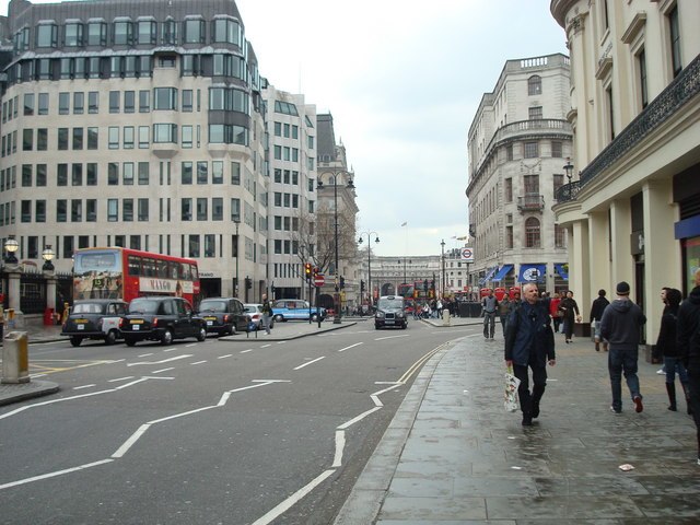 Strand at Charing Cross in April 2008, looking towards Trafalgar Square and Admiralty Arch