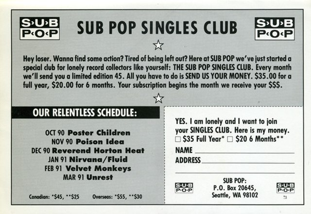 Advertising card to subscribe to Sub Pop's single club.