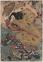 Image 12SuikodenWoodblock artist: Utagawa KuniyoshiThis woodblock print, titled Kinhyōshi yōrin, hero of the Suikoden, is one of a series created by the Japanese artist Utagawa Kuniyoshi between 1827 and 1830 illustrating the 108 Suikoden ("Water Margin").  The publication of the series catapulted Kuniyoshi to fame.  The story of the Suikoden is an adaptation of the Chinese Shuǐhǔ Zhuàn; during the 1800s, the publication of this woodblock series and other translations of the novel created a Suikoden craze in Japan. Following the great commercial success of the Kuniyoshi series, other ukiyo-e artists were commissioned to produce prints of the Suikoden heroes, which began to be shown as Japanese heroes rather than the original Chinese personages. The hero portrayed in this print is Yang Lin.More selected pictures