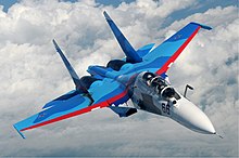 A Sukhoi Su-30 of the Russian Air Force in flight over Russia in June 2010. Sukhoi fighters are popular export products of the Russian military industry. Sukhoi Su-30 inflight.jpg